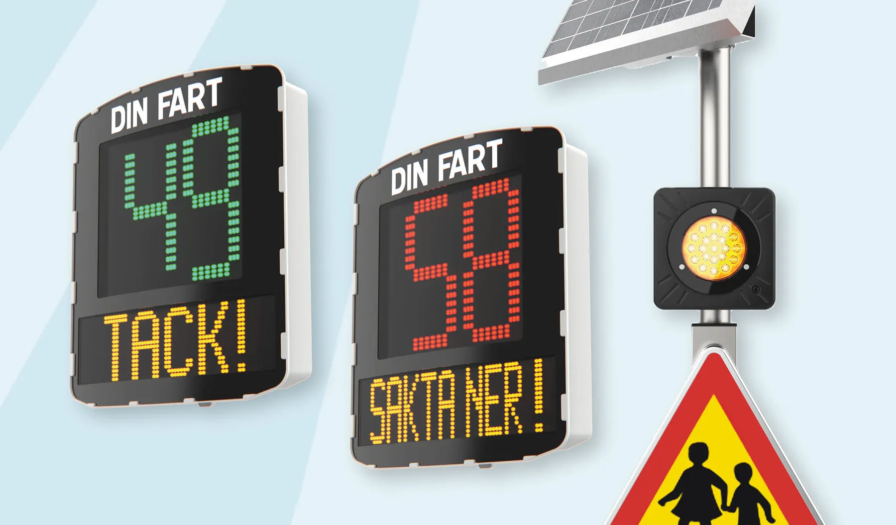 Två digitala hastighetsskyltar: en visar 48 i grönt med texten Tack, en visar 58 i rött med texten Sakta ner