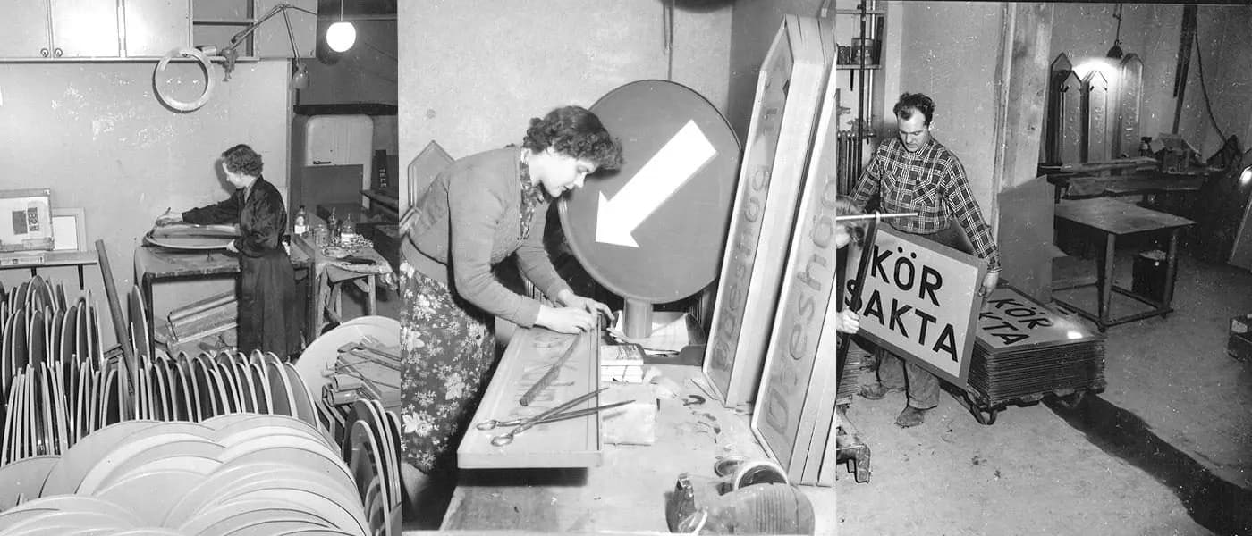Svartvitt arkivfotografi från Blinkfyrars tidiga skylttillverkning